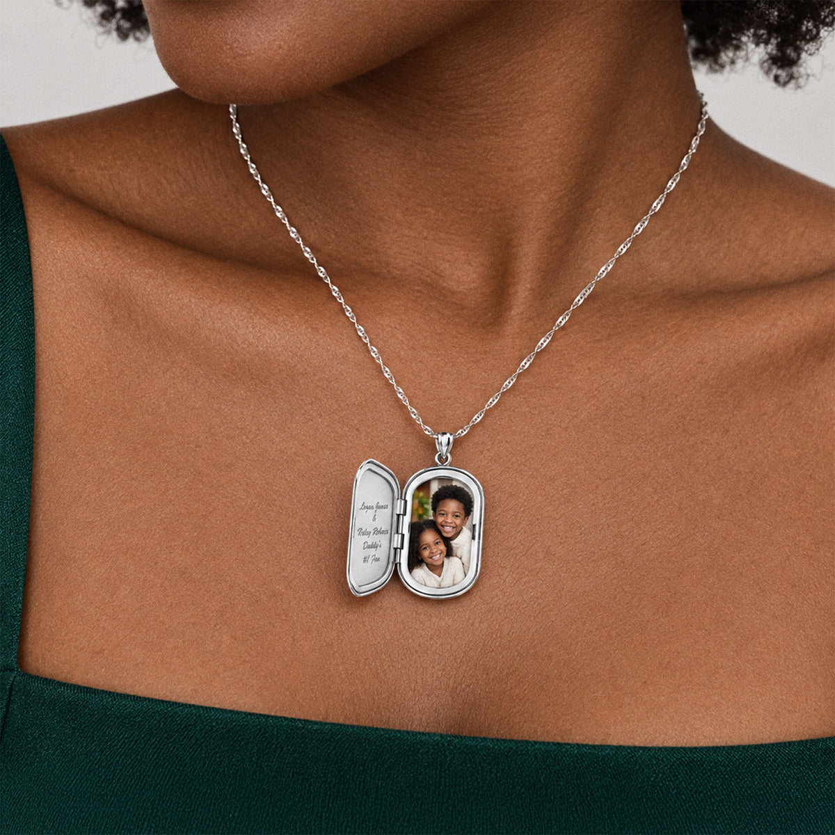 Floral Border Dog Tag Photo Locket - on model