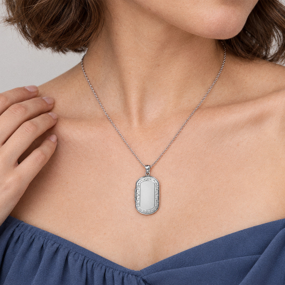 Floral Border Dog Tag Photo Locket - on model