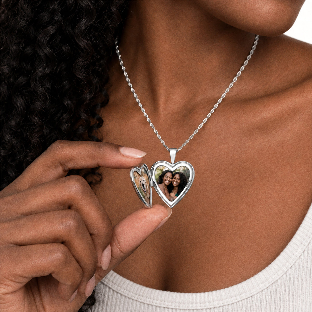 Engravable Diamond Heart Photo Locket - on model