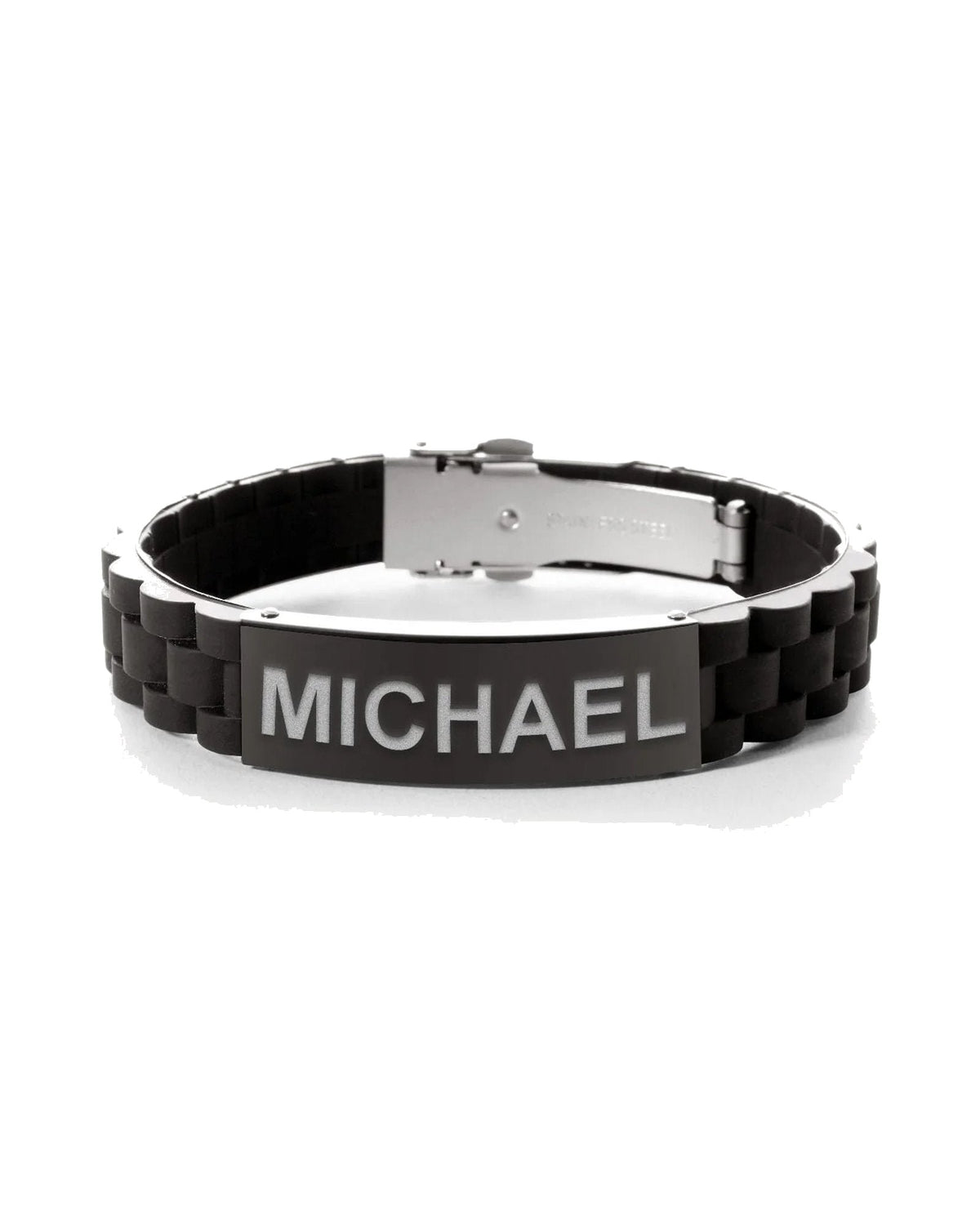 Engraved Black Stainless Steel ID Bracelet with Black Rubber Band