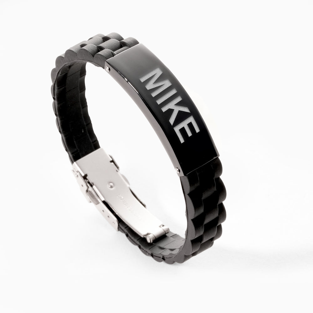 Engraved Black Stainless Steel ID Bracelet with Black Rubber Band