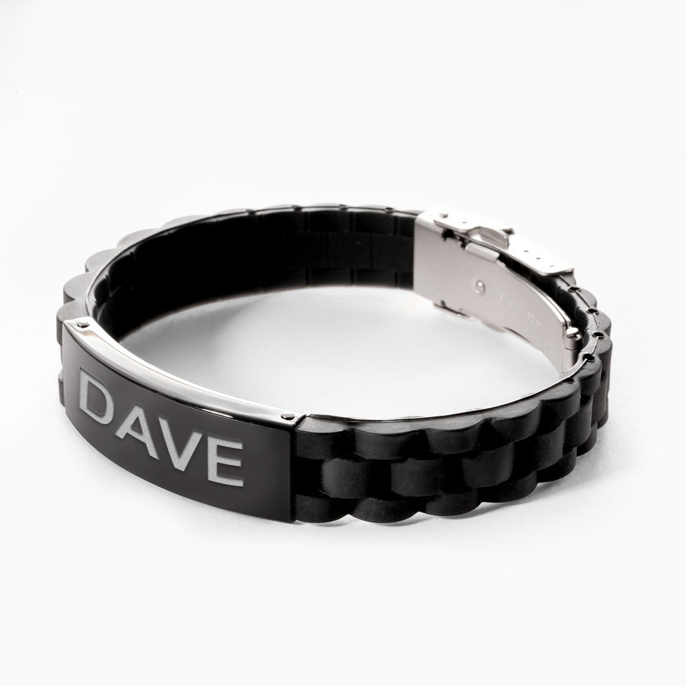 Engraved Black Stainless Steel ID Bracelet with Black Rubber Band