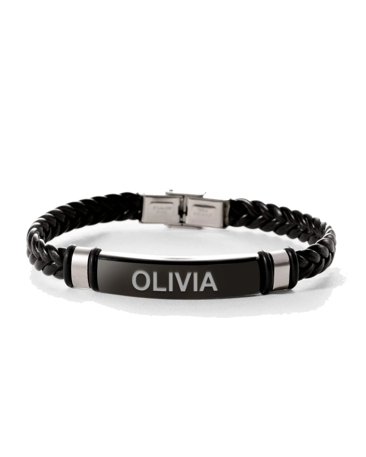 Engraved Black Stainless Steel ID Bracelet with Black Leather Rope Band