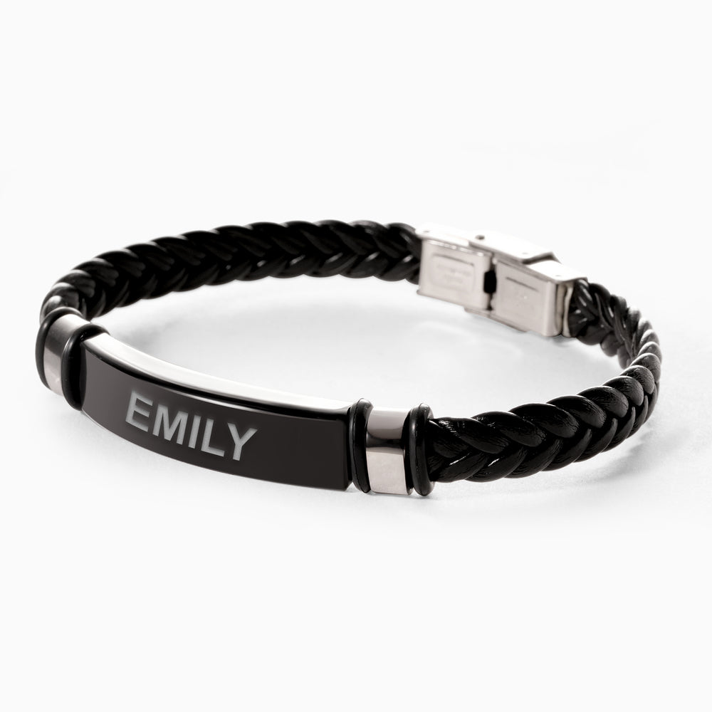 Engraved Black Stainless Steel ID Bracelet with Black Leather Rope Band