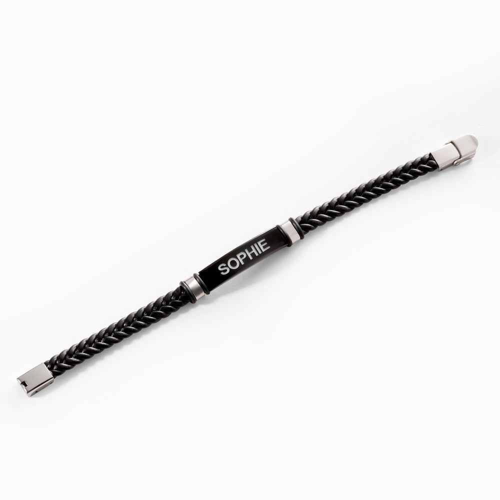 Engraved Black Stainless Steel ID Bracelet with Black Leather Rope Band