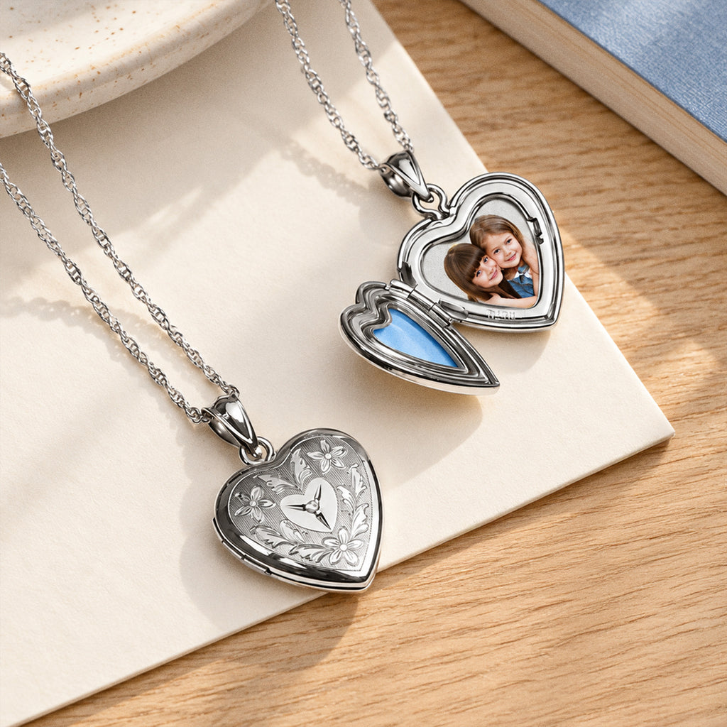 Floral Heart Photo Locket with Diamond - lifestyle