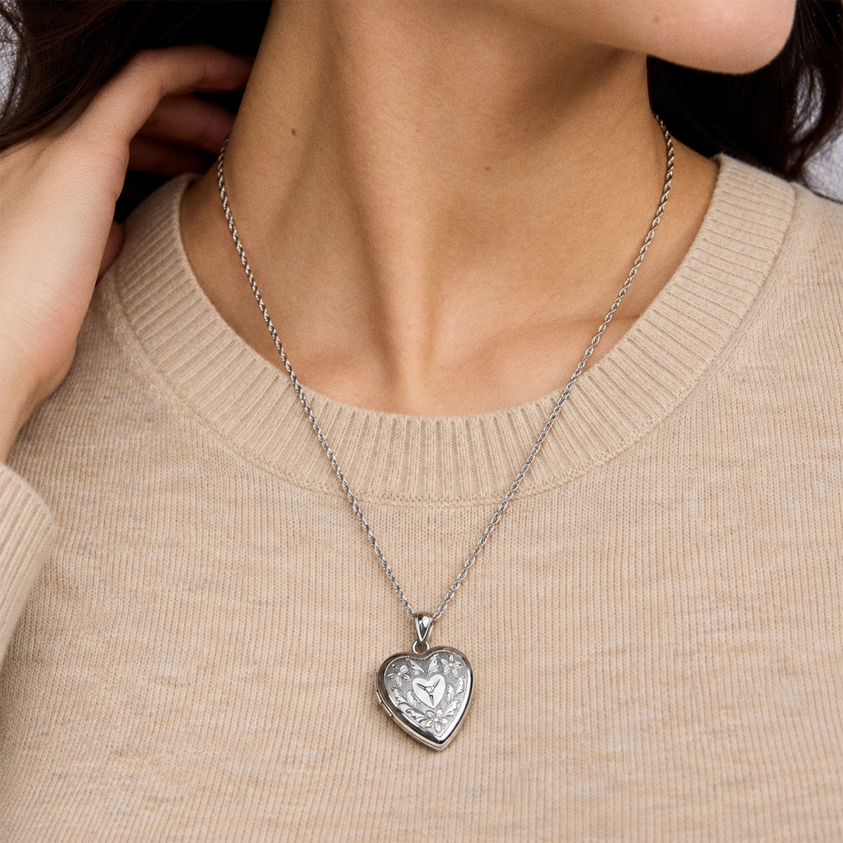 Floral Heart Photo Locket with Diamond - on model