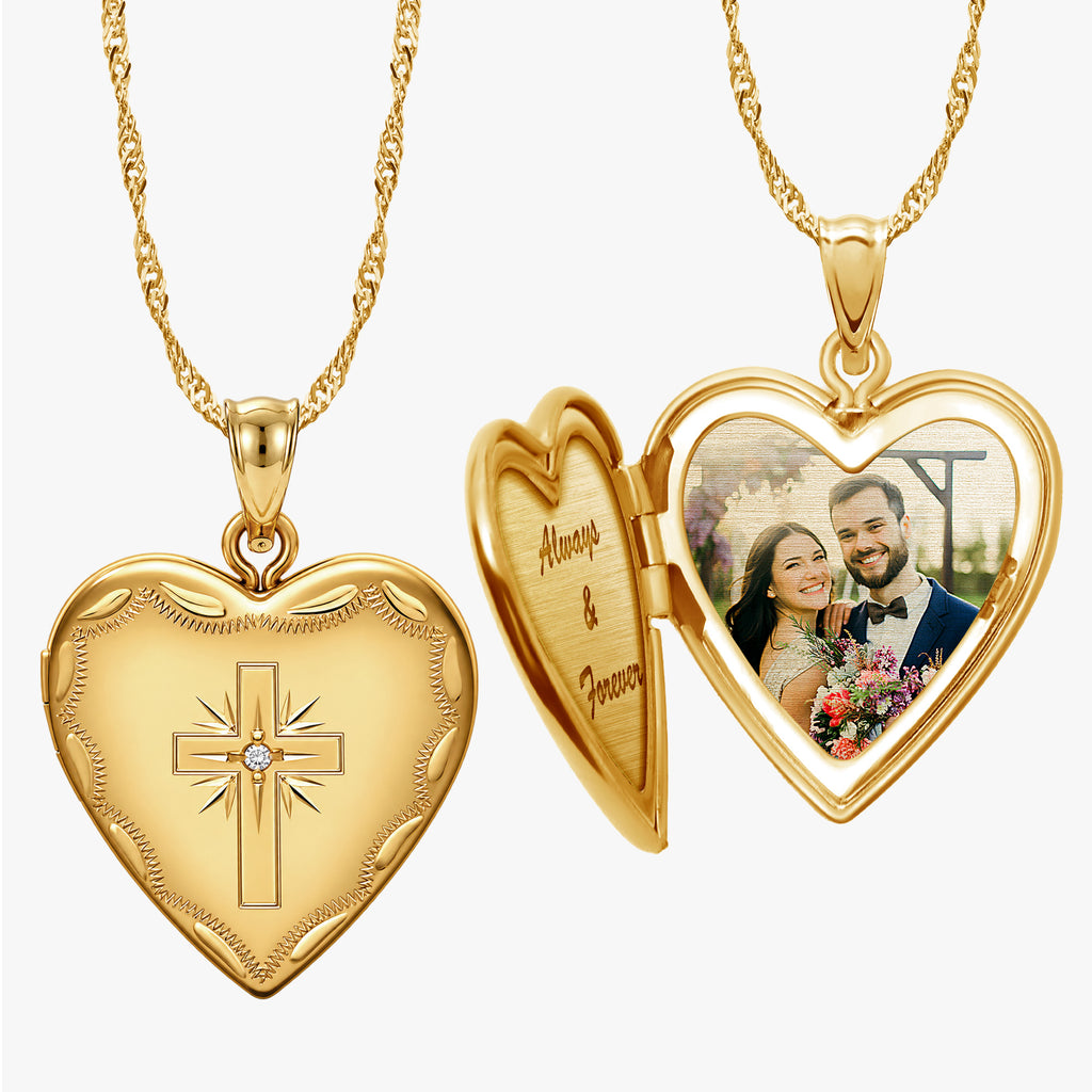 14K Gold Filled Cross Heart Photo Locket With Cz