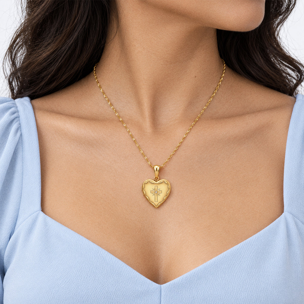 14K Gold Filled Cross Heart Photo Locket With Cz - on model