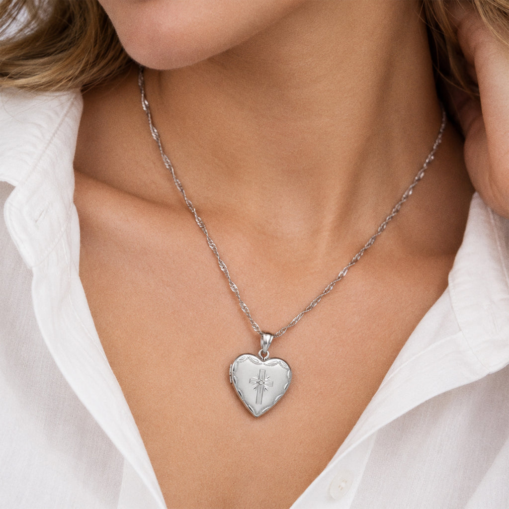 Cross Heart Photo Locket with CZ - on model