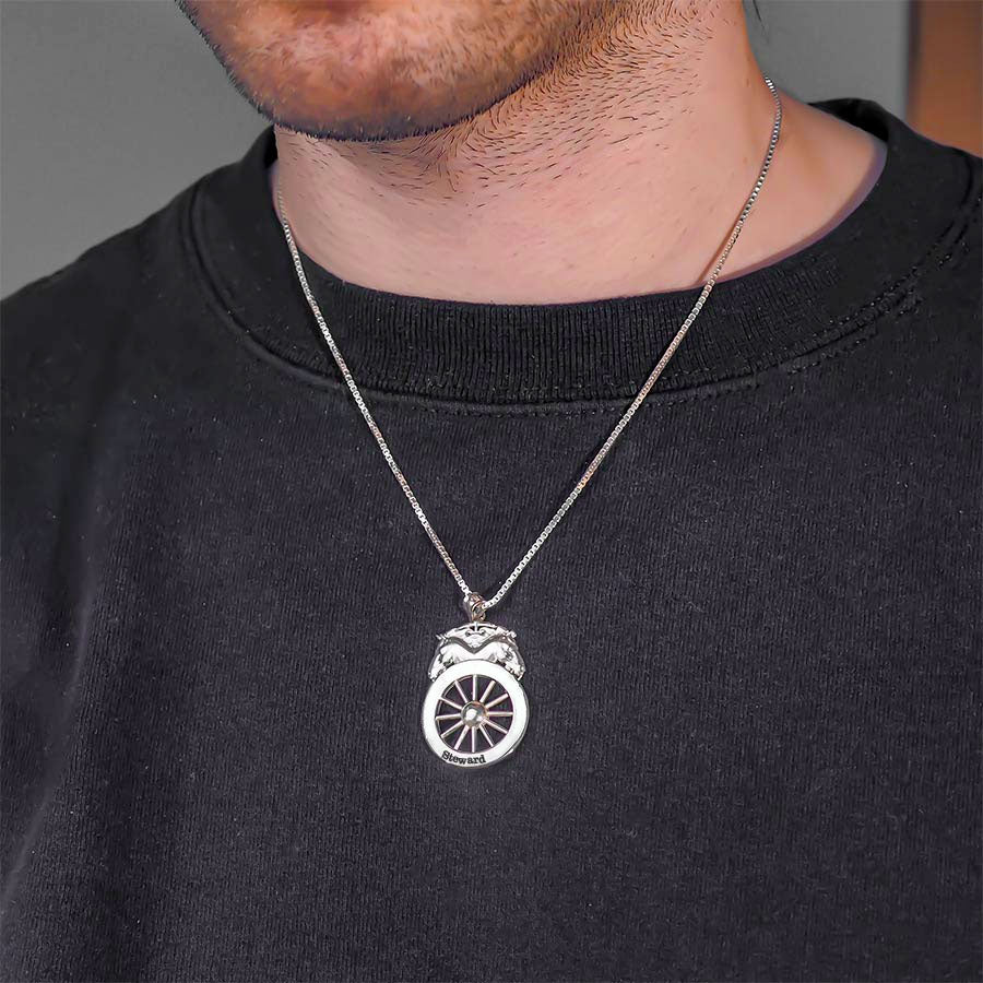 Teamster Union badge necklace worn with a black shirt (PG102316, secondary photo 1)