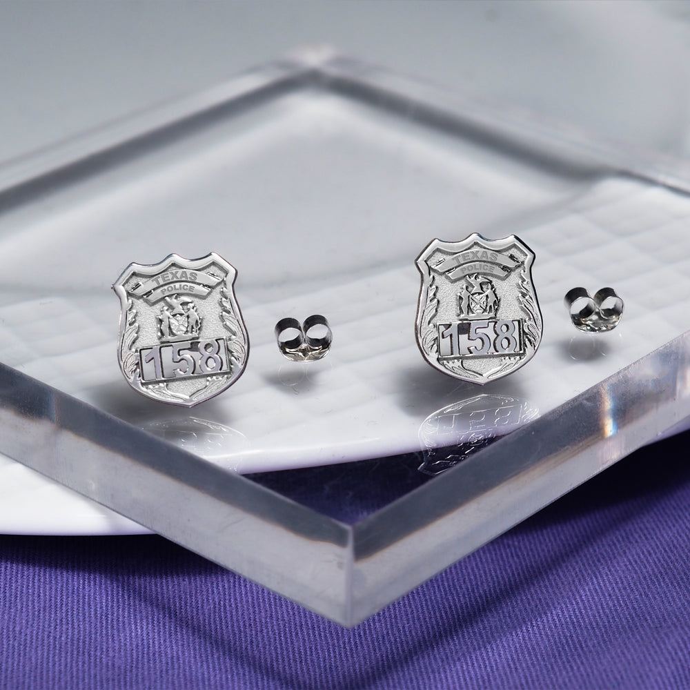 Police badge earrings displayed in a clear display case (PG102433, secondary photo 5)