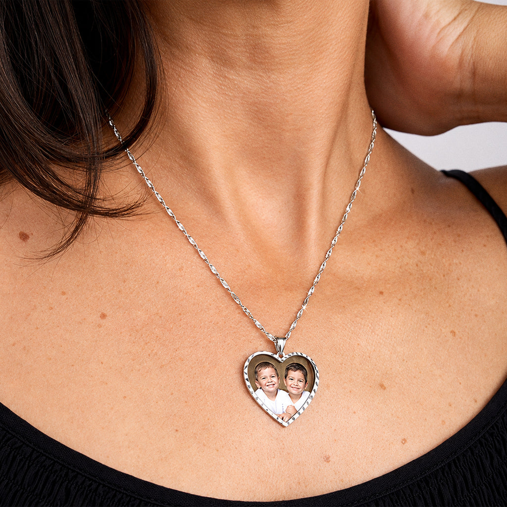 Modern Heart Photo Pendant with Diamond Cut Edge - on model