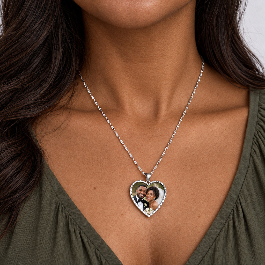 Modern Heart Photo Pendant with Diamond Cut Edge - on model