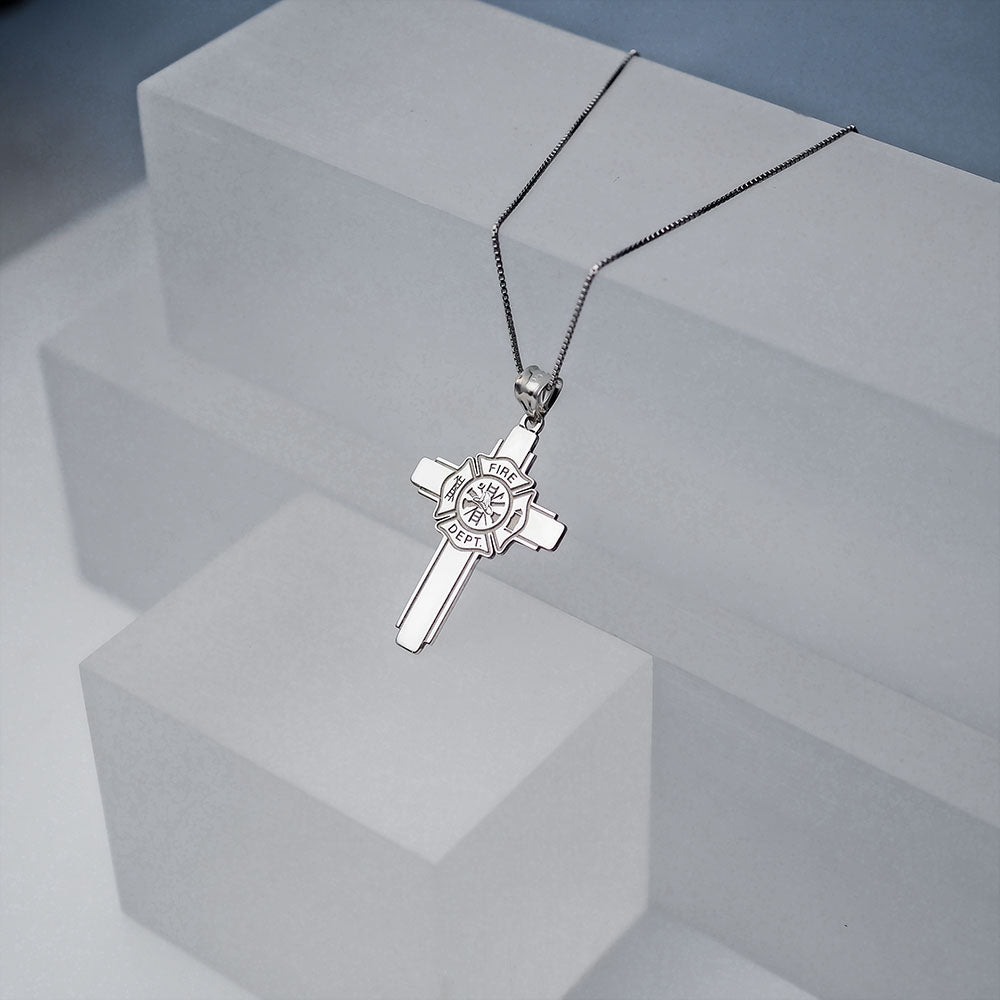 Maltese cross badge necklace displayed on a light blue jewelry stand (PG102875, secondary photo 9)