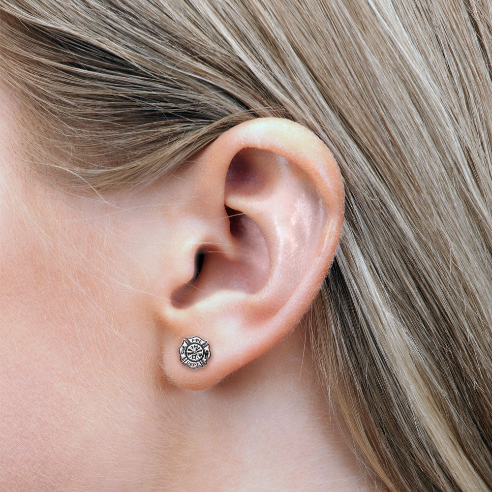 Fire department badge earrings shown worn close up (PG102876, secondary photo 3)