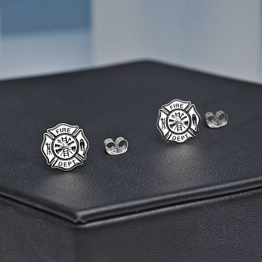 Fire department badge earrings on a dark display surface (PG102876, secondary photo 5)