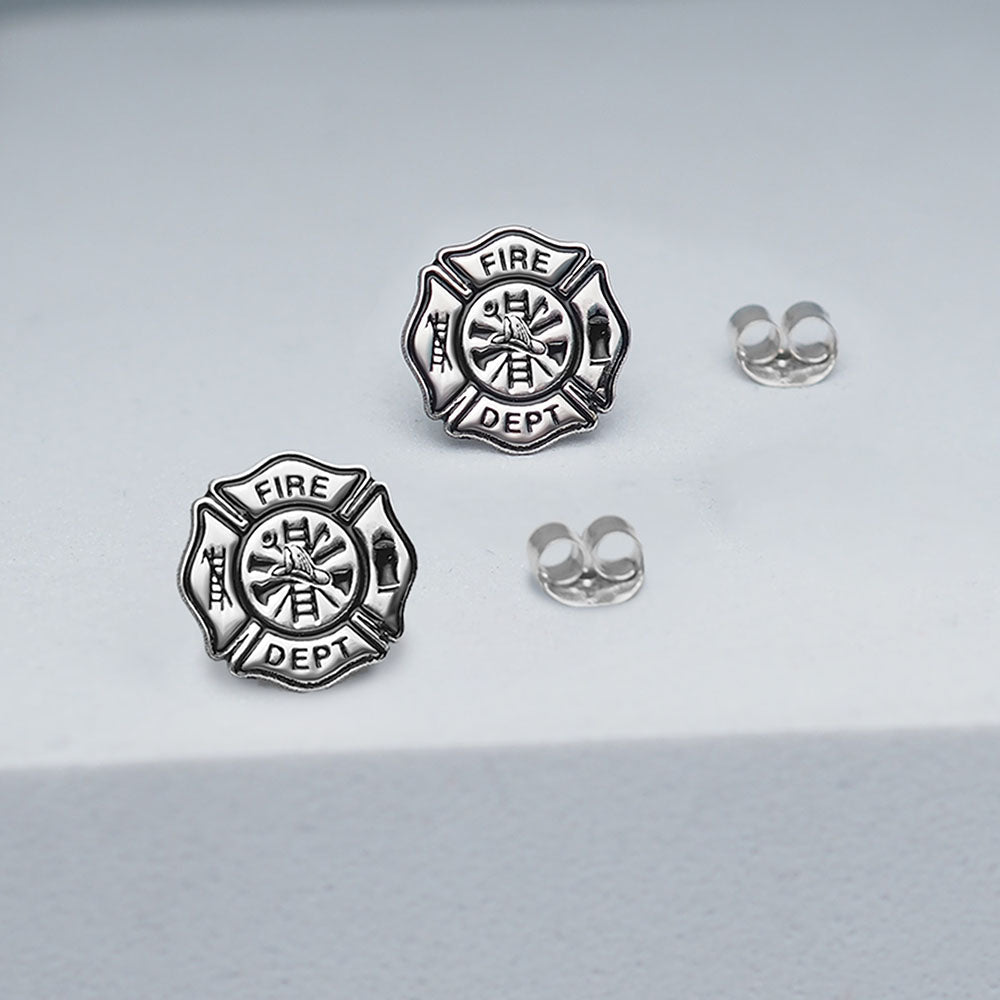 Fire department badge earrings on a light display surface (PG102876, secondary photo 6)