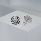 Fire department badge earrings shown from the reverse on a display block (PG102876, secondary photo 7)