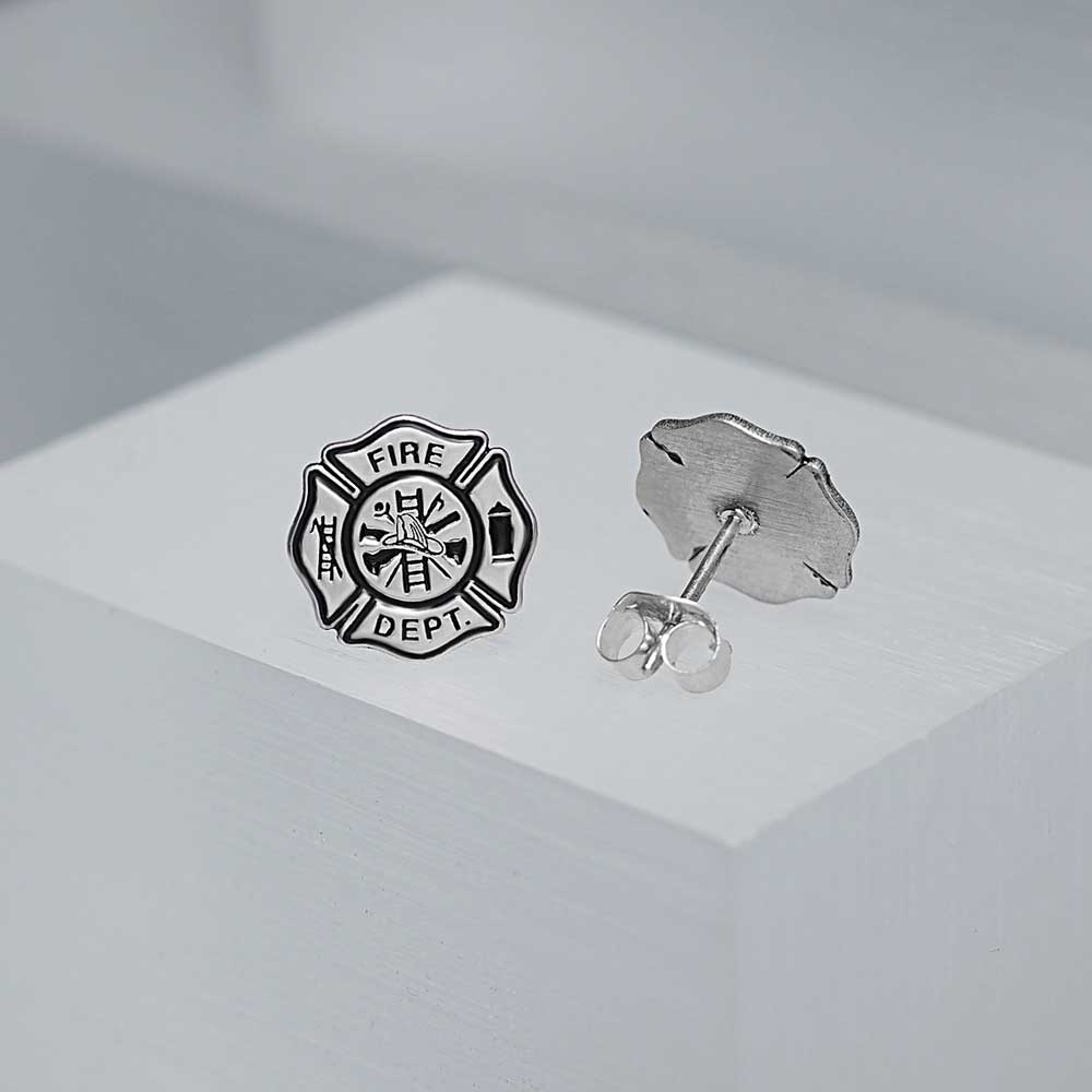 Fire department badge earrings shown from the reverse on a display block (PG102876, secondary photo 7)