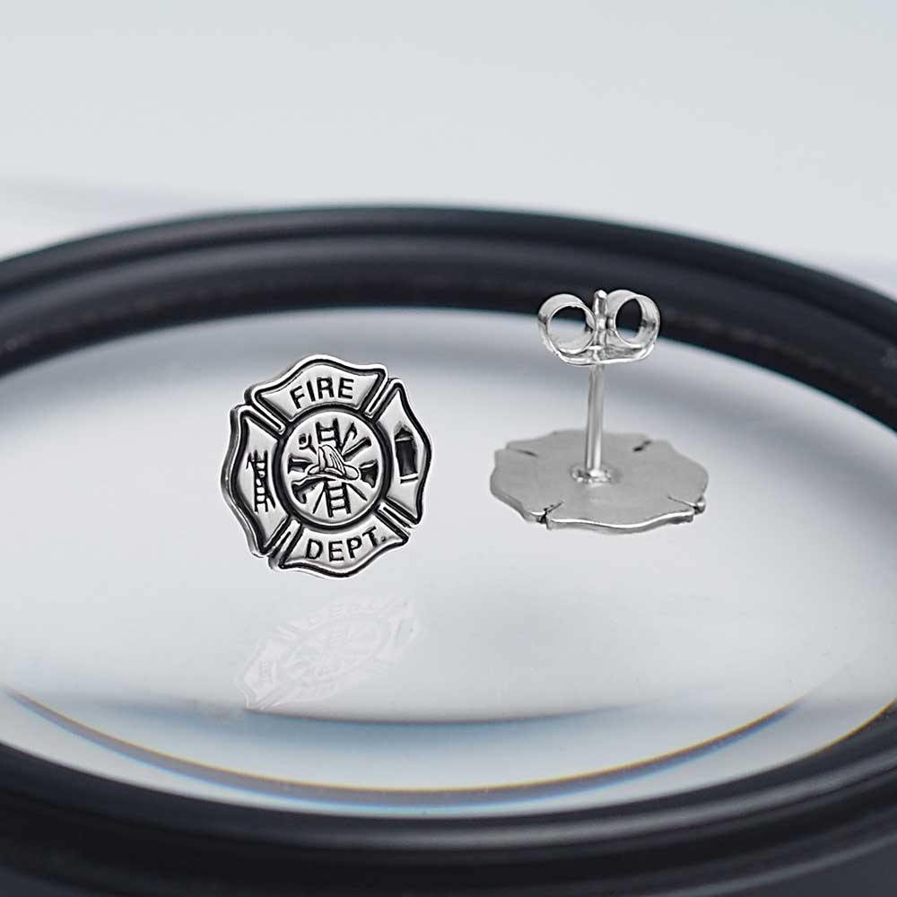 Fire department badge earrings on a reflective display surface (PG102876, secondary photo 8)