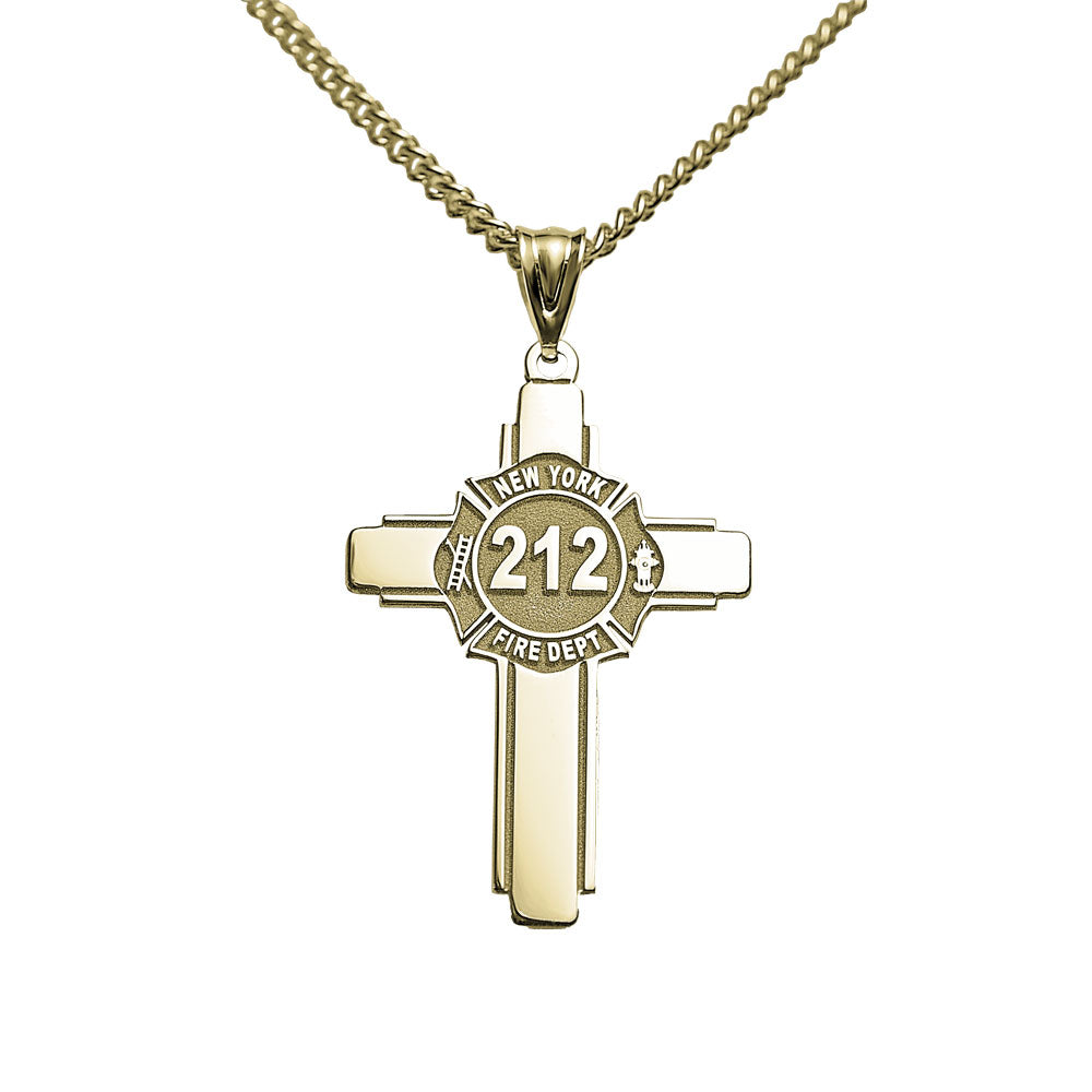Gold firefighter badge cross pendant with engraved number (PG102877, secondary photo 1)
