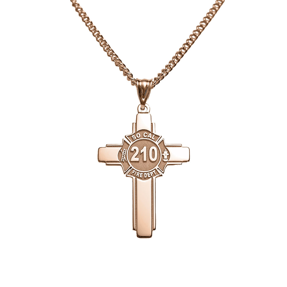 Rose-tone firefighter badge cross pendant with engraved number (PG102877, secondary photo 2)