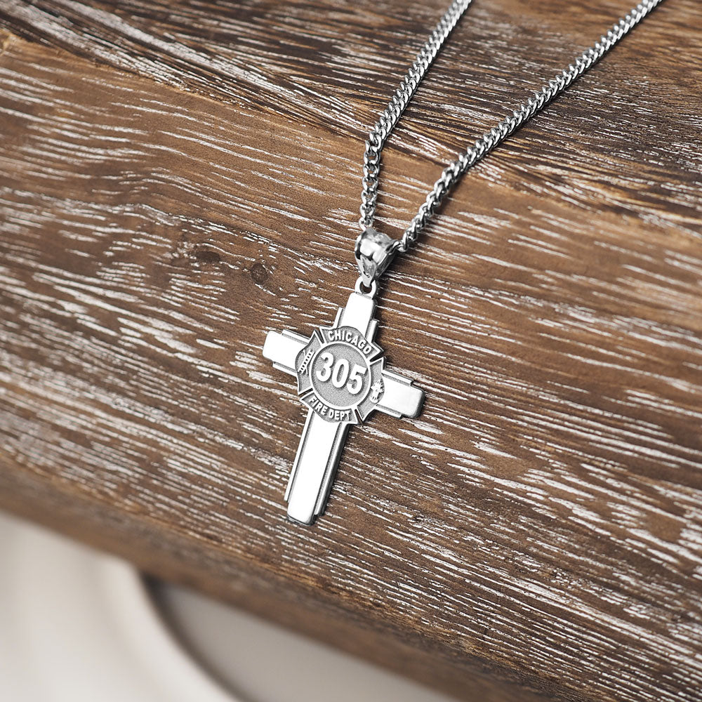 Silver firefighter badge cross pendant on a wooden surface (PG102877, secondary photo 6)