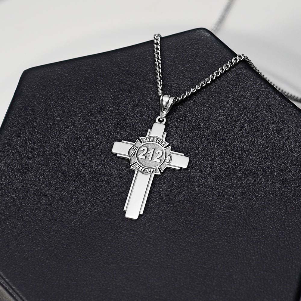 Silver firefighter badge cross pendant on a dark display surface (PG102877, secondary photo 7)