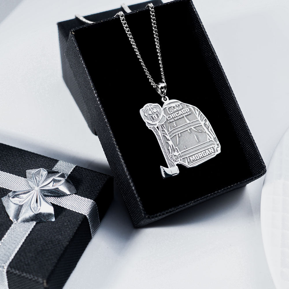 Silver firefighter uniform pendant necklace in a gift box. (PG102878, secondary photo 6)