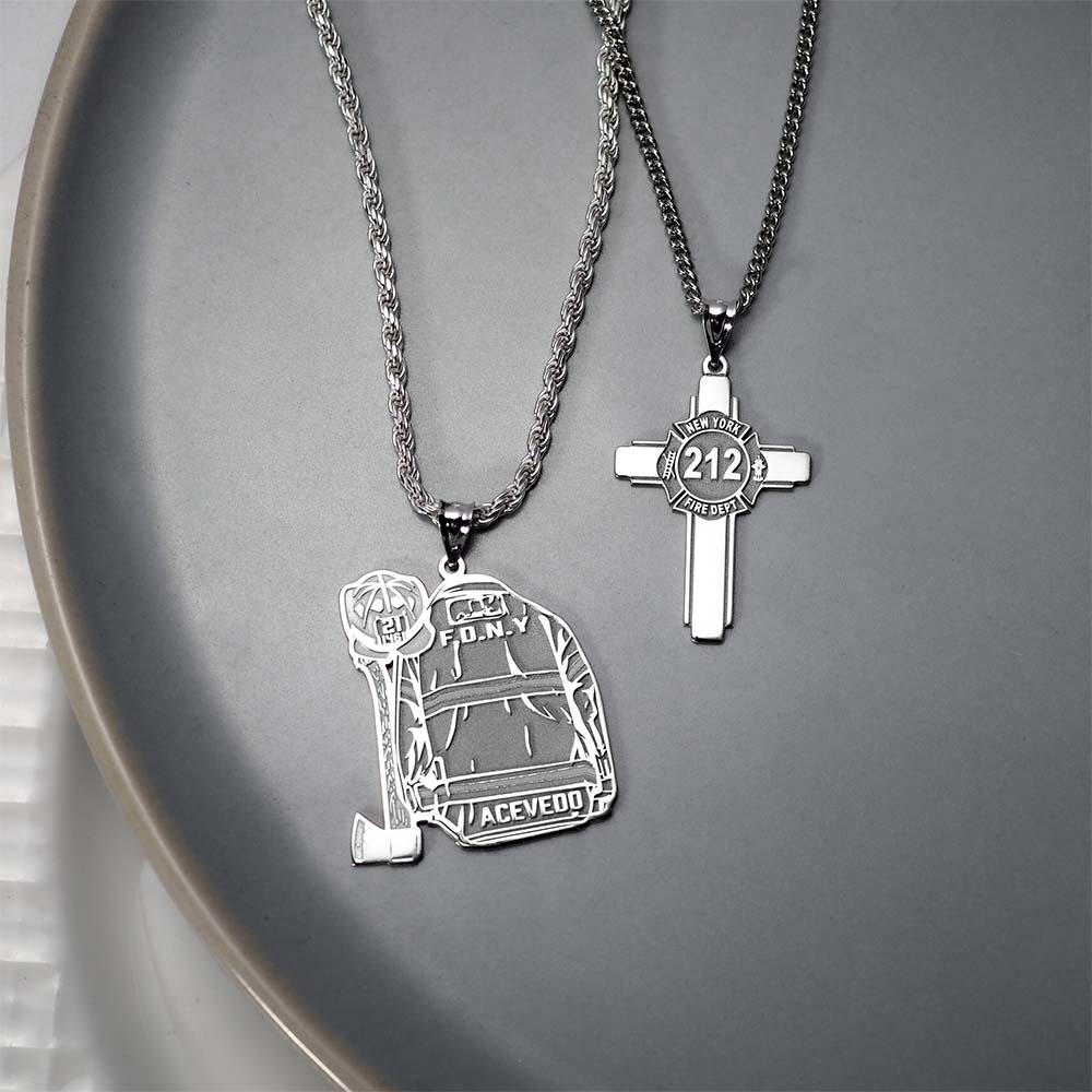 Firefighter uniform pendant necklace displayed with a small cross pendant. (PG102878, secondary photo 7)