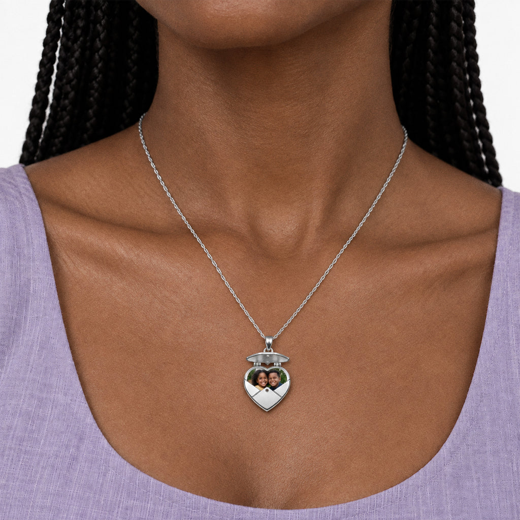 Stainless Steel Envelope Heart Photo Locket - on model
