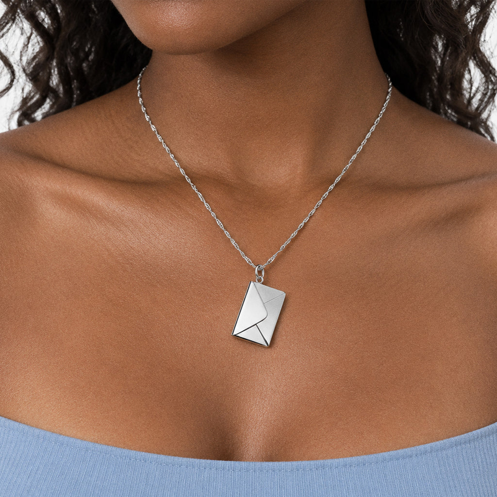 Stainless Steel Envelope Photo Locket - on model