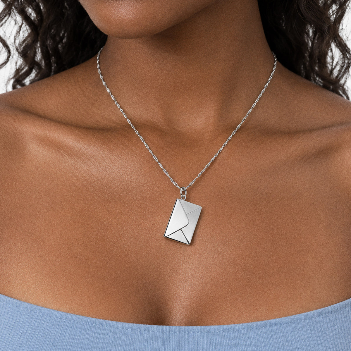 Stainless Steel Envelope Photo Locket - on model