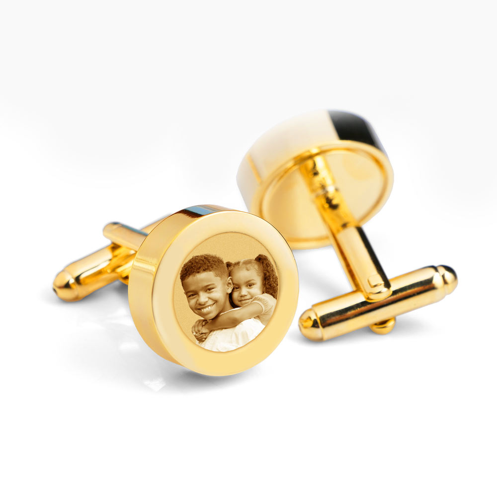 Gold Plated Stainless Steel Photo Engraved Cuff Links