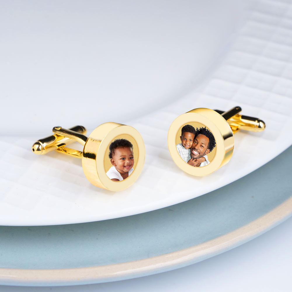Gold Plated Stainless Steel Photo Engraved Cuff Links