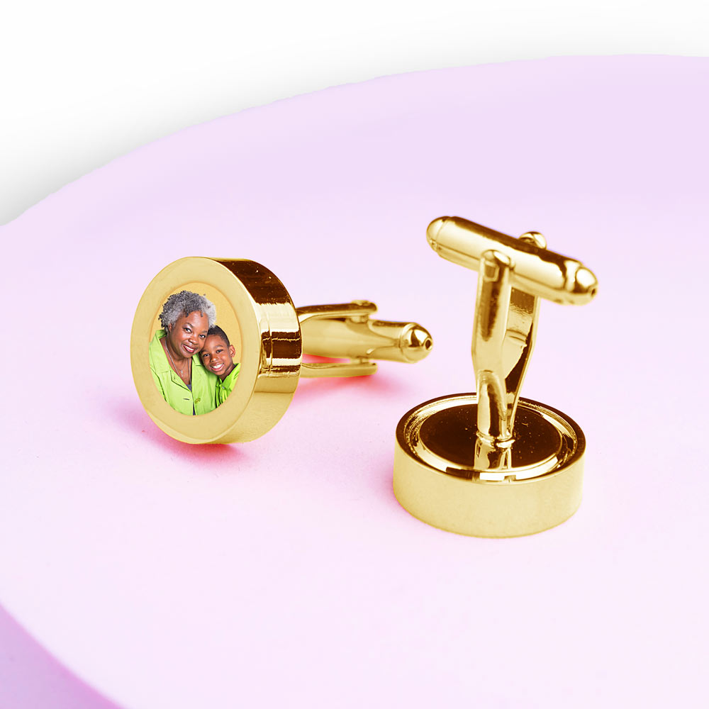Gold Plated Stainless Steel Photo Engraved Cuff Links