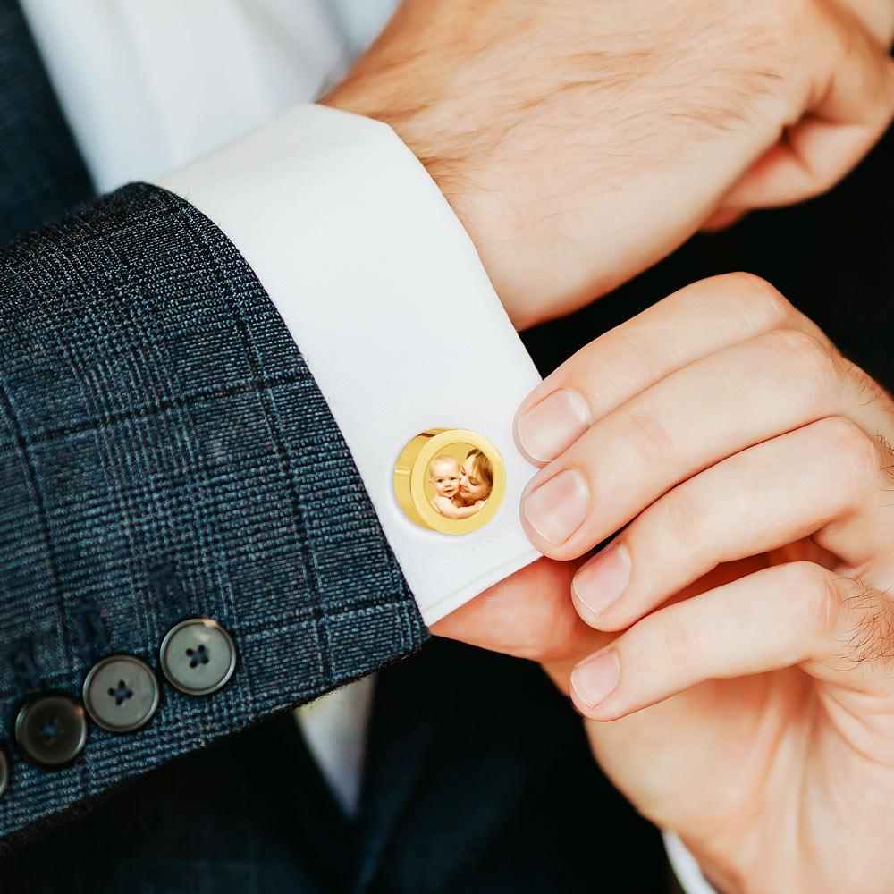 Gold Plated Stainless Steel Photo Engraved Cuff Links