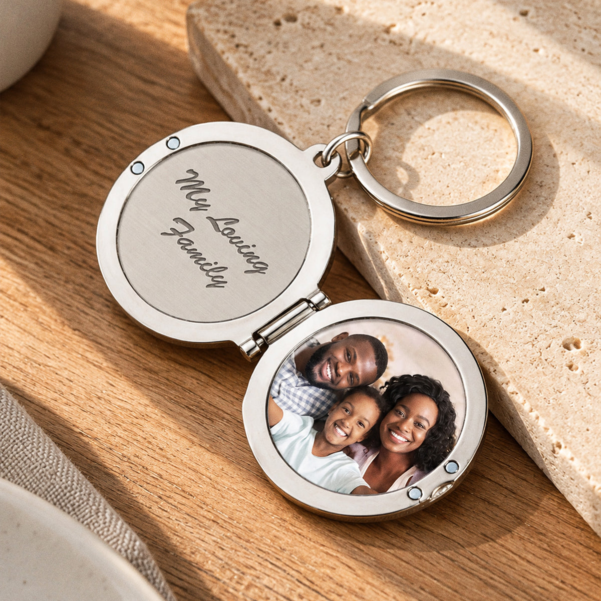 Round Stainless Steel Key Chain Photo Locket - lifestyle