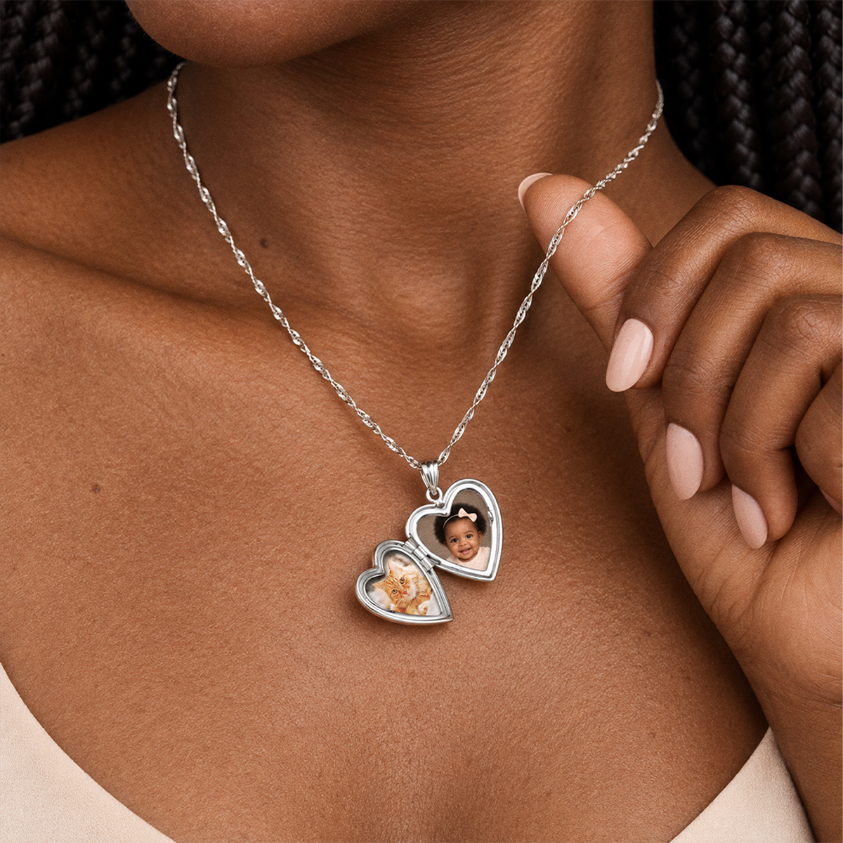 Floral Design Heart Photo Locket - on model