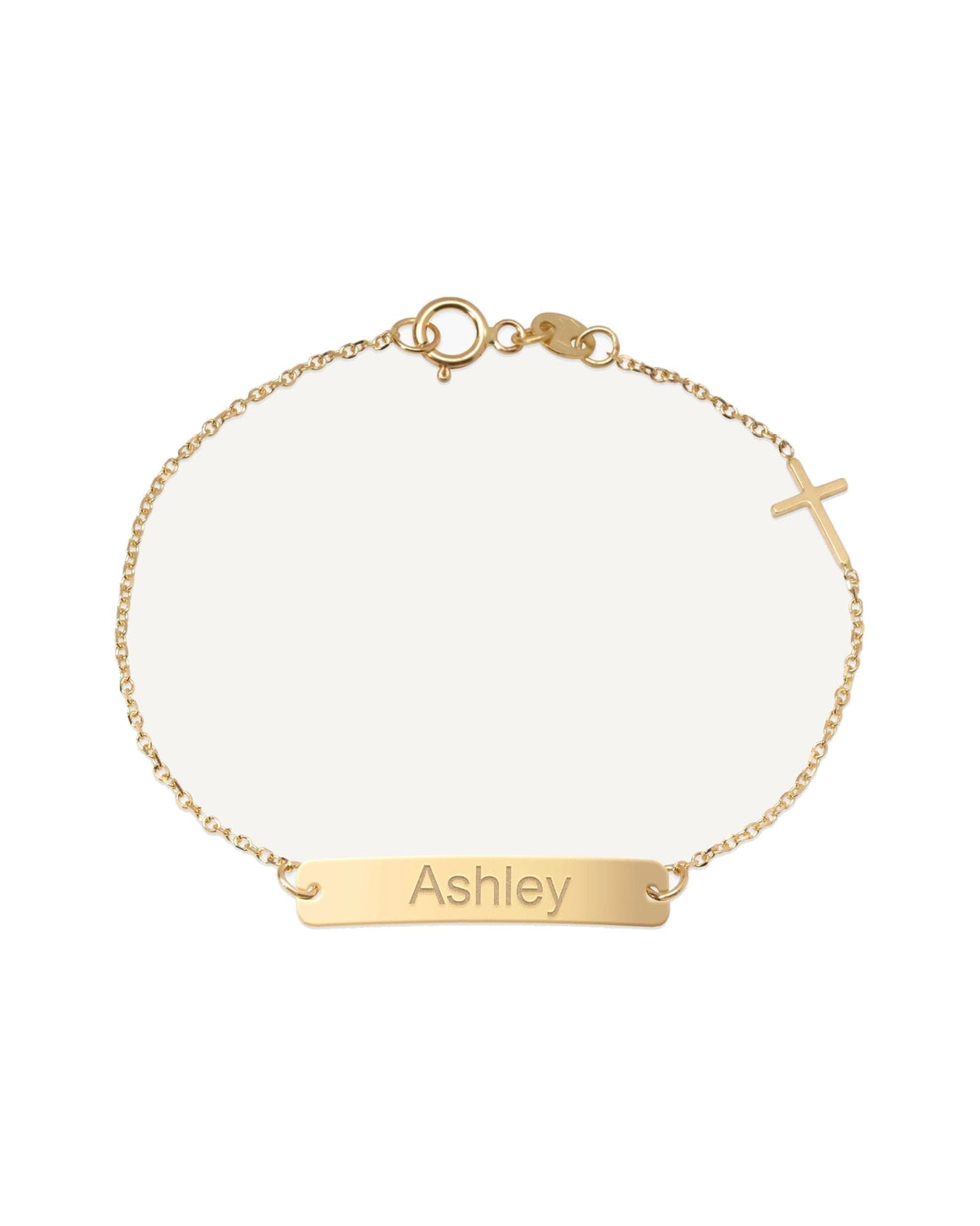 Custom Engraved 14K Gold Women's Curb Link ID Bracelet with Cross