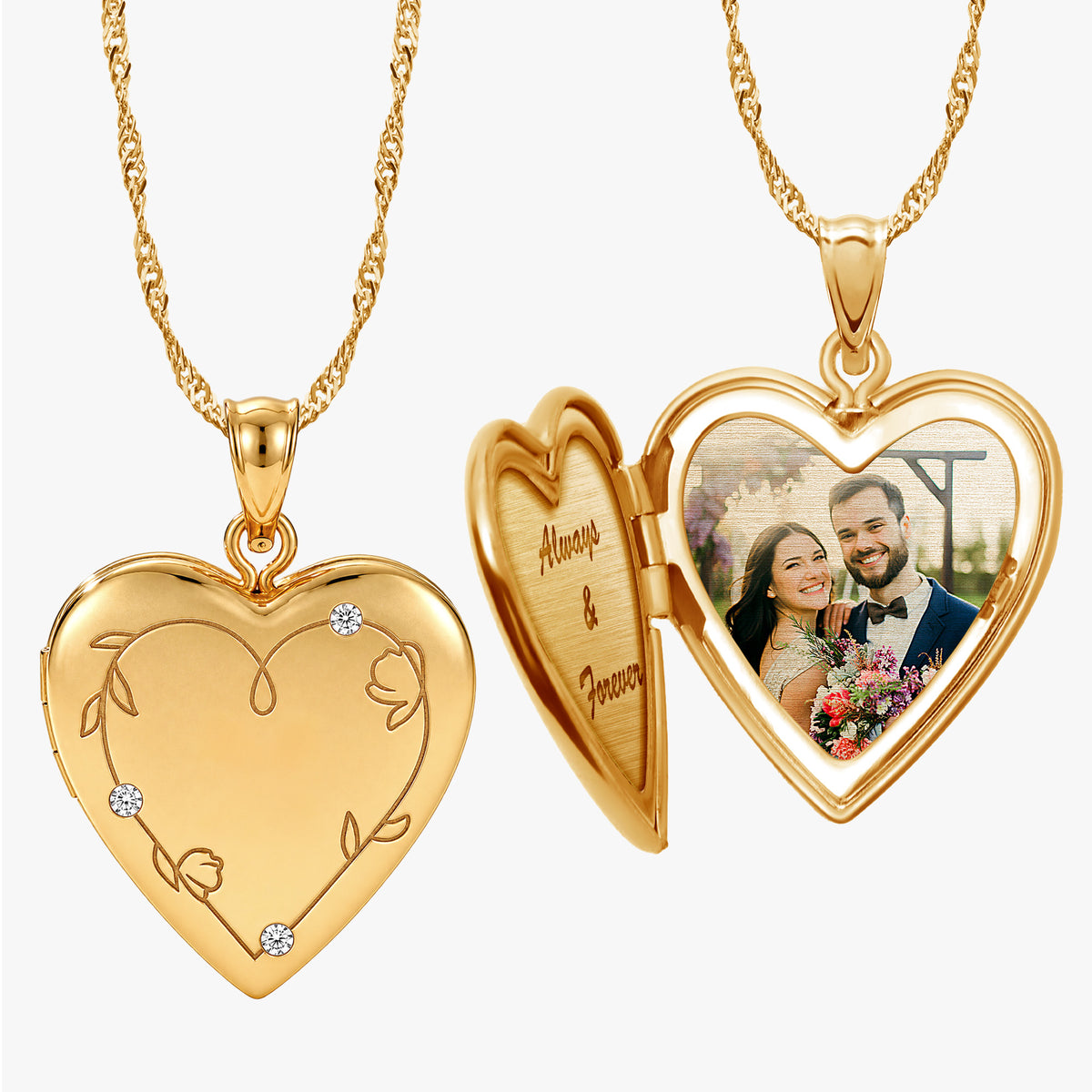 Floral Engraved Heart Locket With Diamond Accents