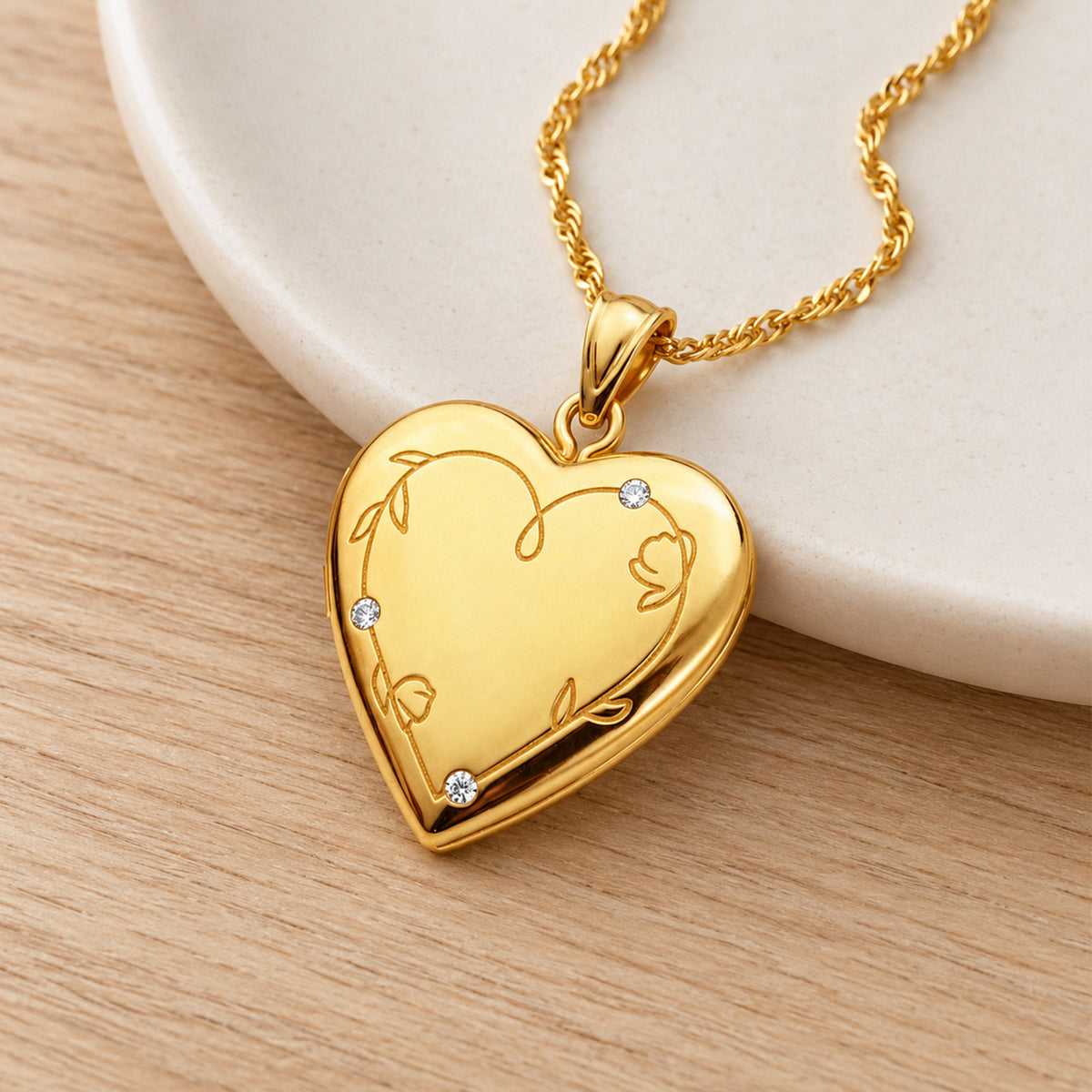 Floral Engraved Heart Locket With Diamond Accents - lifestyle