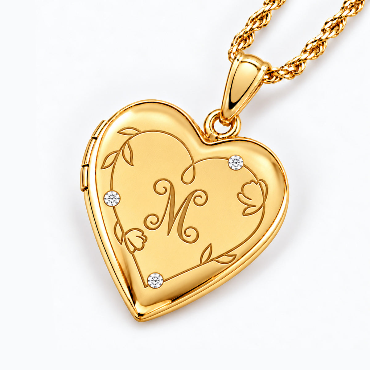 Floral Engraved Heart Locket With Diamond Accents And Initial