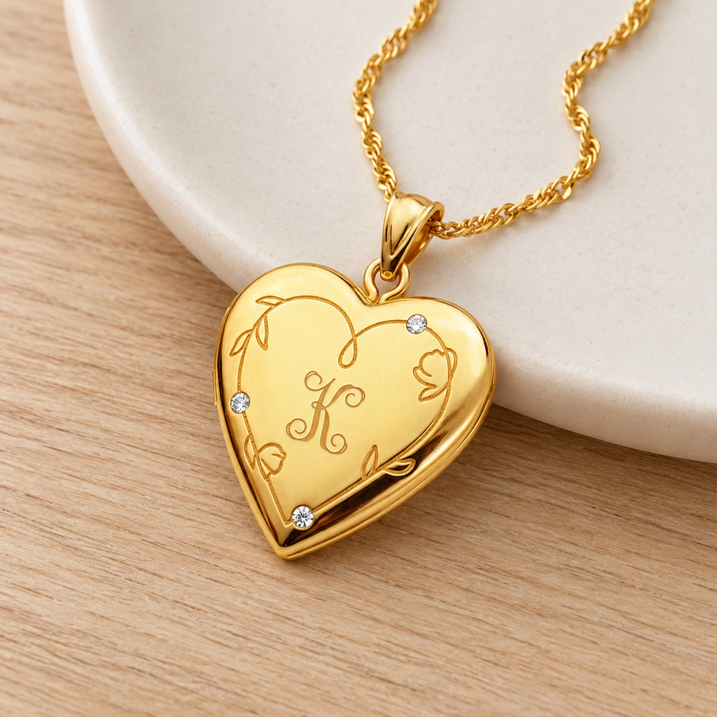 Floral Engraved Heart Locket With Diamond Accents And Initial - lifestyle