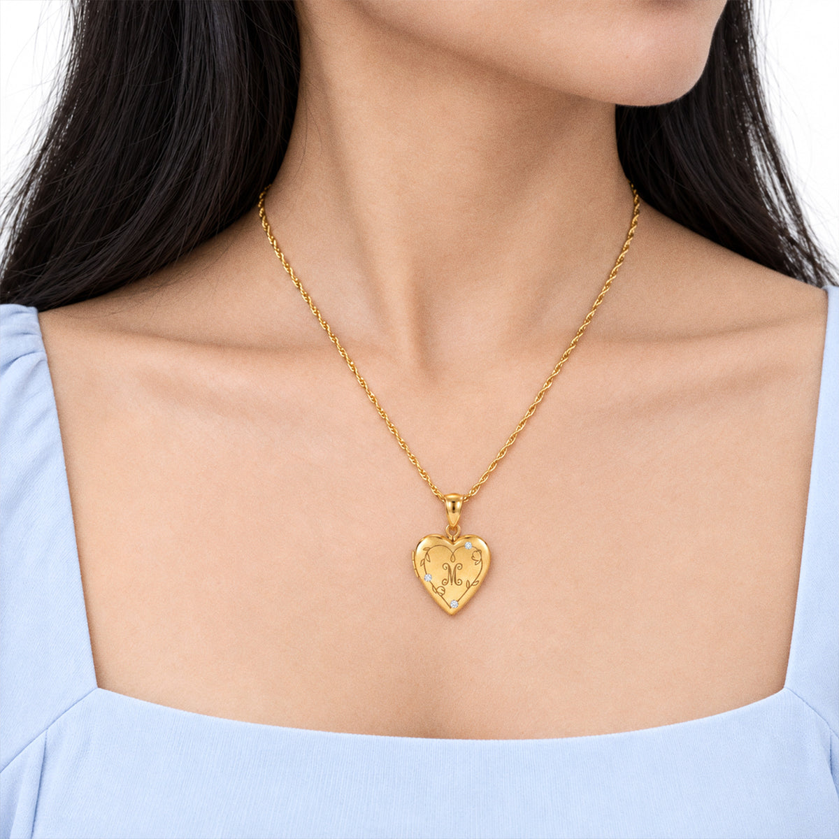 Floral Engraved Heart Locket With Diamond Accents And Initial - on model