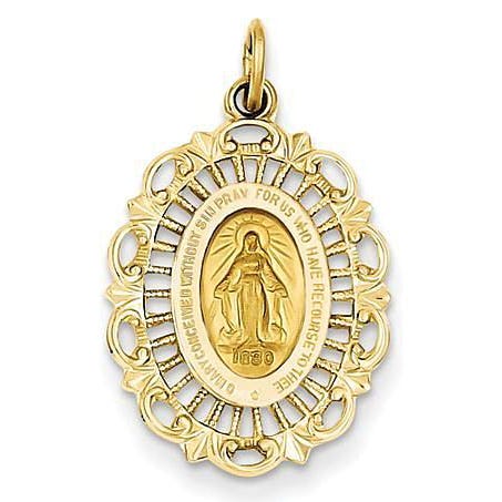 14K Yellow Gold Miraculous Medal Fancy Border Oval Pendant ...
