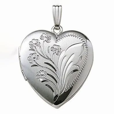 14K White Gold Floral Heart Photo Locket