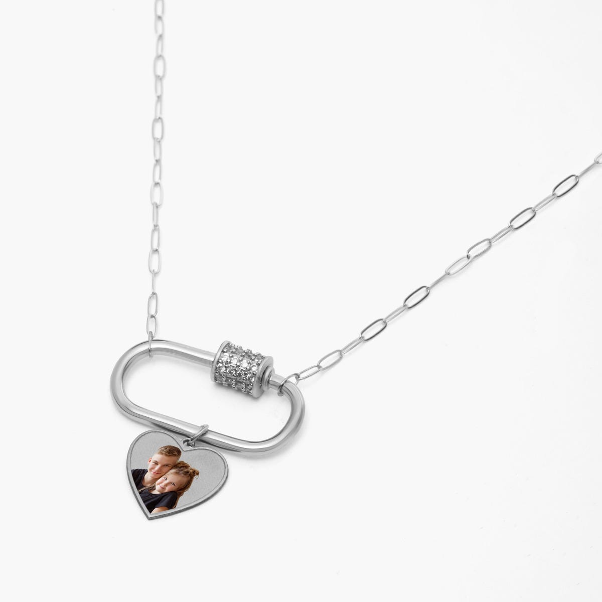 Carabiner Rectangle Pendant Necklace with CZ Barrel and Dangle Photo Charms / Chain Included