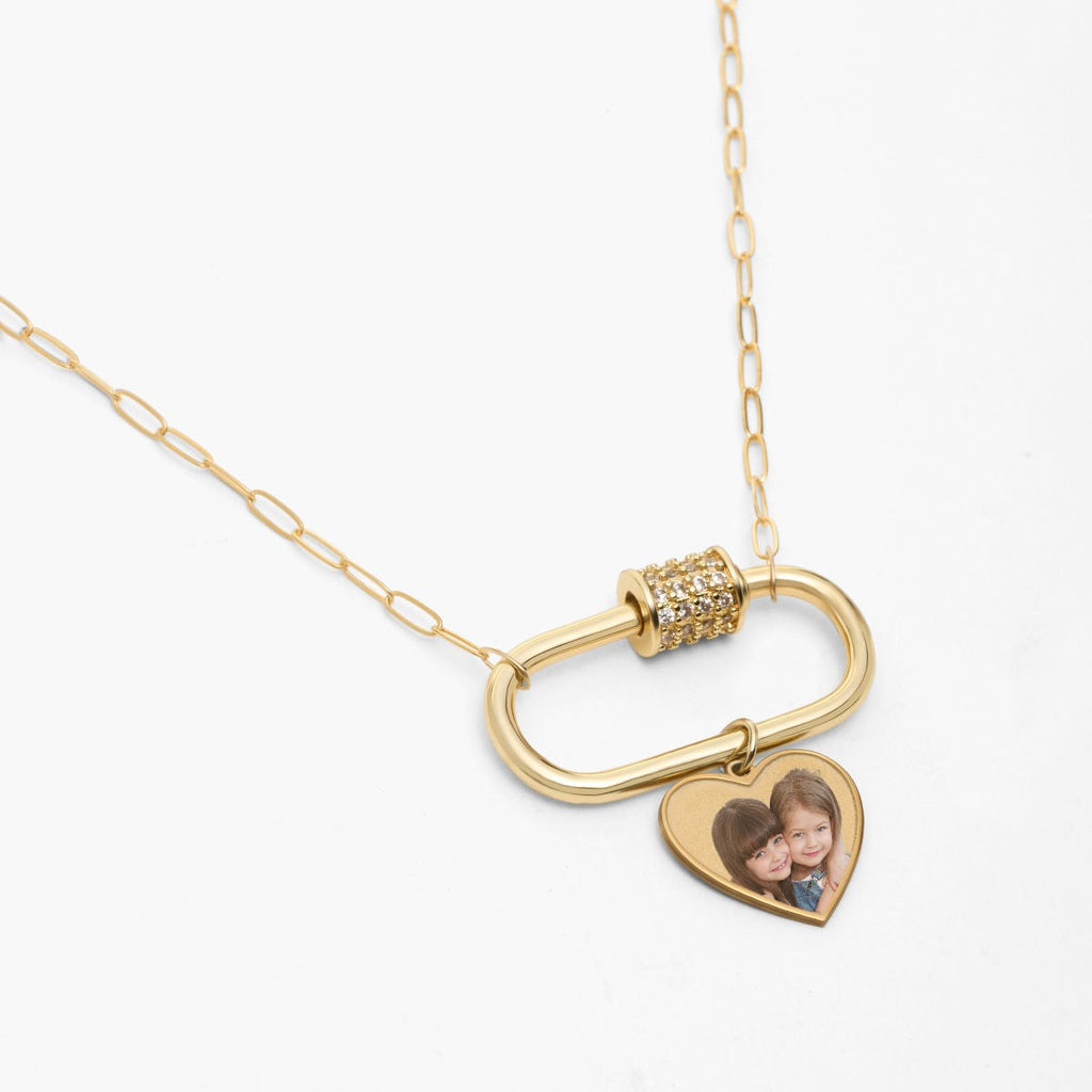 Carabiner Rectangle Pendant Necklace with CZ Barrel and Dangle Photo Charms / Chain Included
